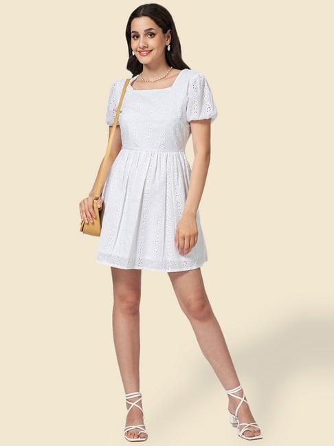 yu by pantaloons white cotton self pattern a-line dress