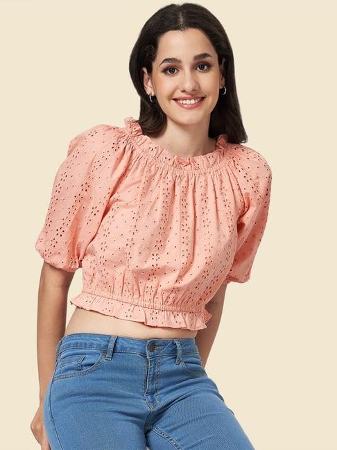 yu by pantaloons peach cotton self pattern crop top