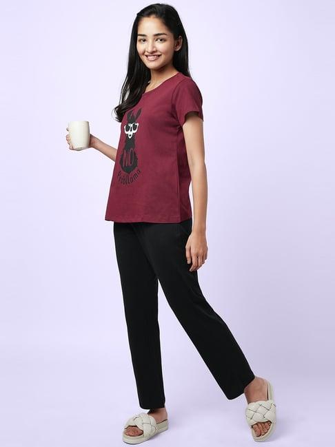 yu by pantaloons maroon & black cotton printed top pyjamas set