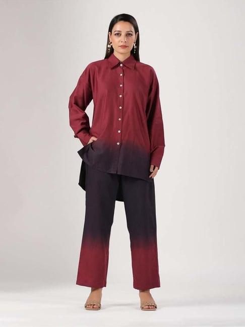 moh women maroon solid linen co ord set