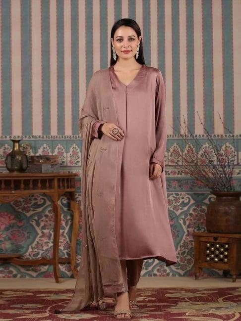 moh women brown solid satin kurta set