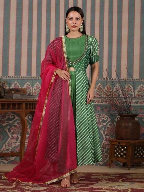 moh women green stripes chanderi kurta set