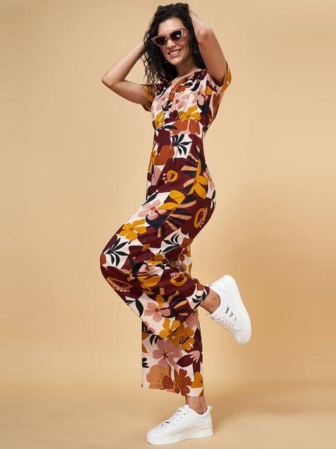 yu by pantaloons pink & brown cotton printed jumpsuit