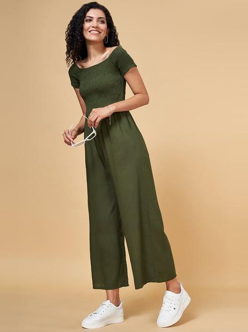 yu by pantaloons olive green off shoulder jumpsuit