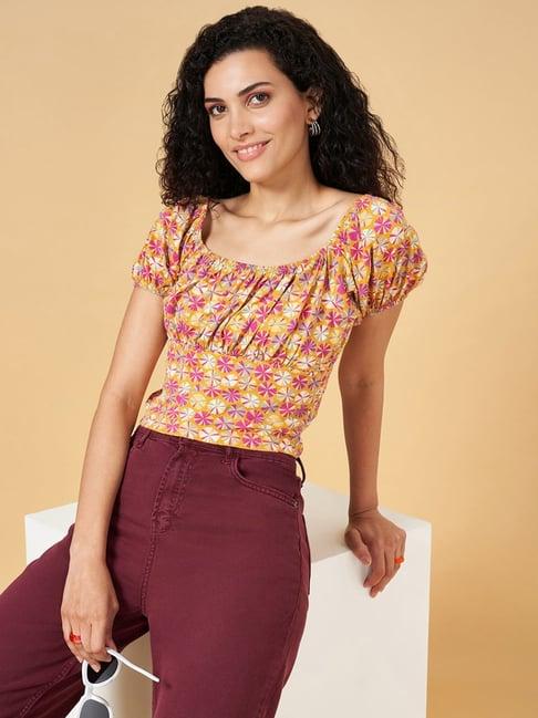 yu by pantaloons mustard cotton printed crop top