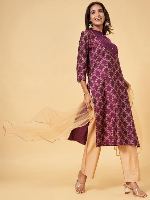 yu by pantaloons purple & beige printed kurta pant set with dupatta