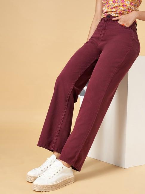 clean maroon cotton mid rise jeans