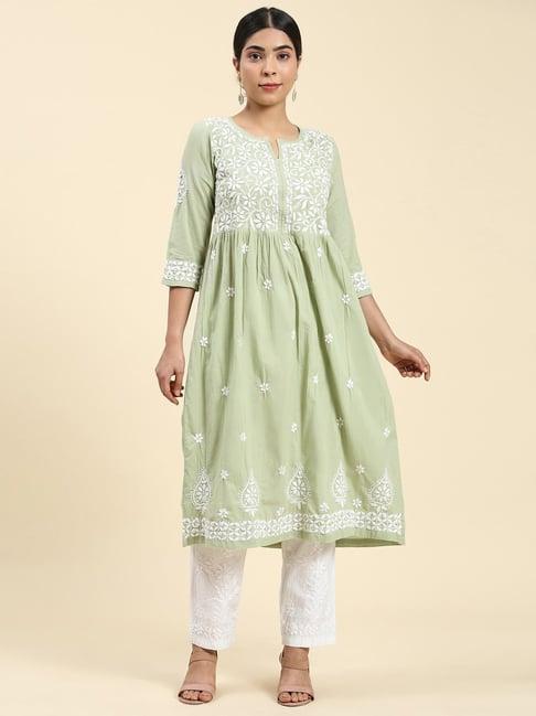 house of kari samma chikankari long kurta in cotton for women - pista green