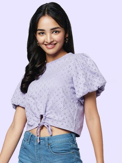 yu by pantaloons purple cotton embroidered crop top