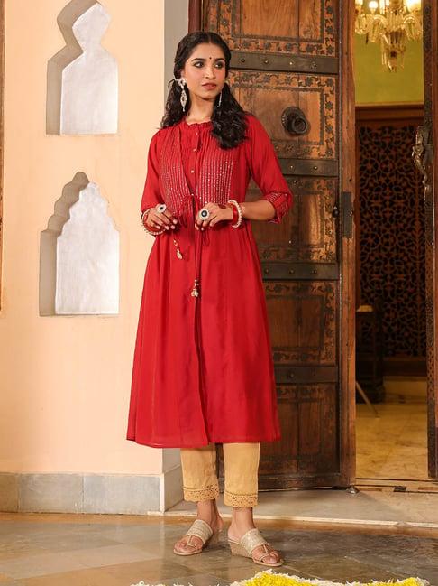 juniper maroon stripped print chanderi embroidered jacket style kurta dress with sequins & zari work