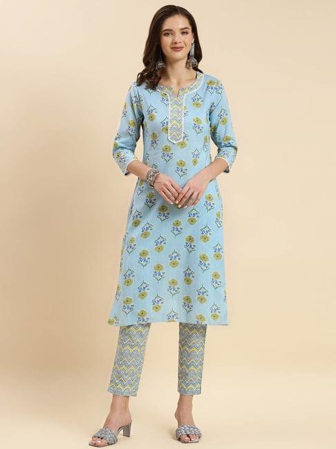 rangita blue cotton printed kurta pant set