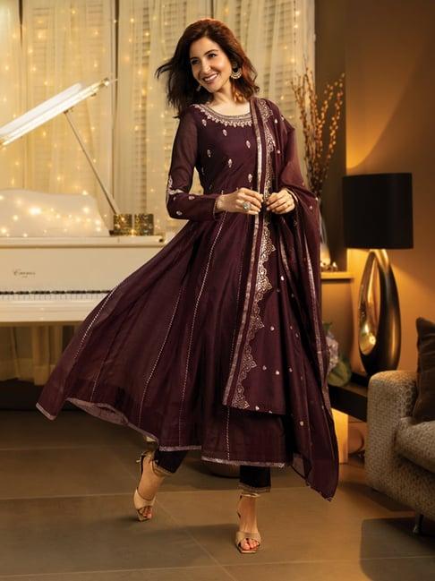 w women purple festive solid rayon kurta with slim pant & dupatta