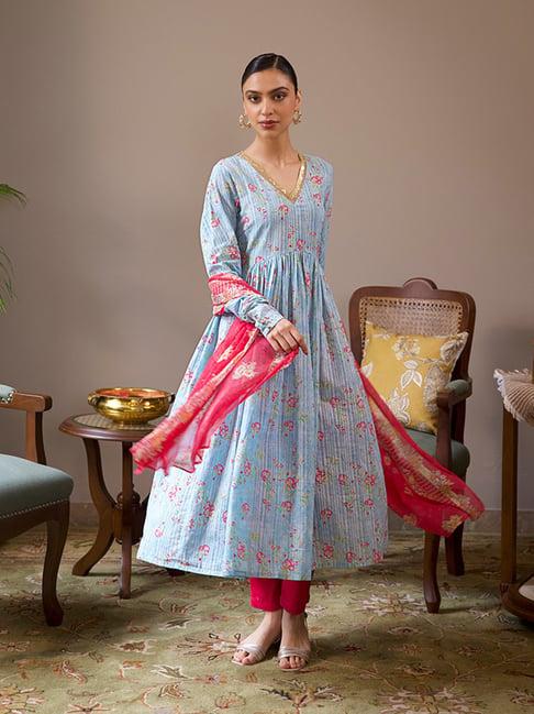 w blue & pink cotton printed kurta pant set with dupatta