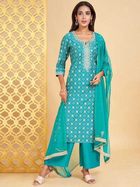 rangmanch by pantaloons turquoise embroidered kurta palazzo set with dupatta