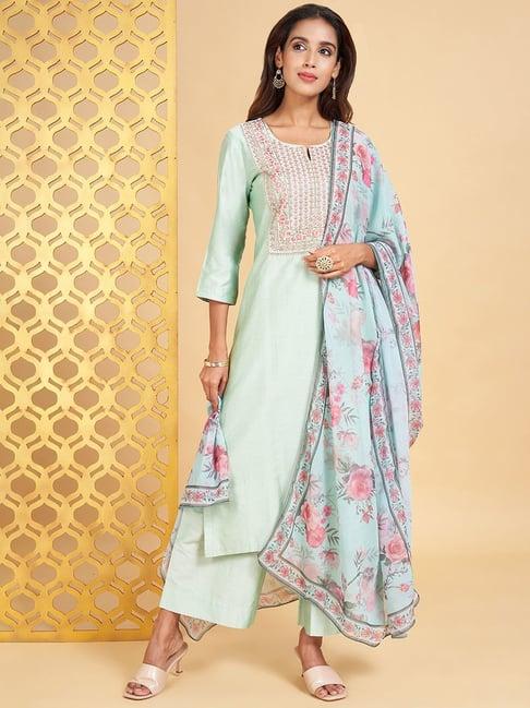 rangmanch by pantaloons sage green embroidered kurta palazzo set with dupatta