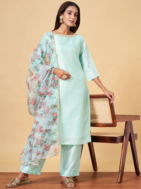 yu by pantaloons aqua blue embroidered kurta palazzo set with dupatta