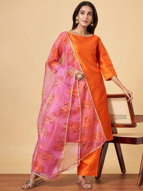 yu by pantaloons orange embroidered kurta palazzo set with dupatta