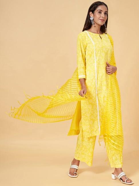 yu by pantaloons yellow cotton printed kurta palazzo set with dupatta