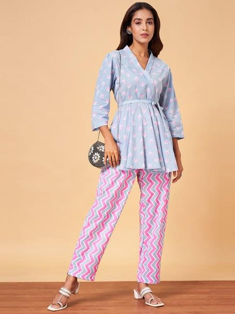 yu by pantaloons blue & pink cotton printed kurti pant set