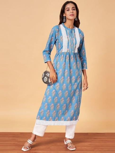 yu by pantaloons blue & white cotton embroidered kurta pant set