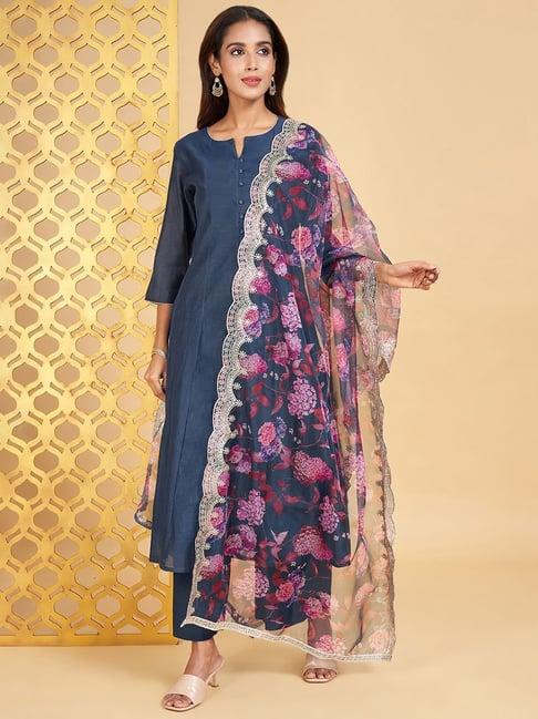 rangmanch by pantaloons navy kurta palazzo set with dupatta