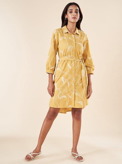 akkriti by pantaloons yellow cotton printed shirt dress