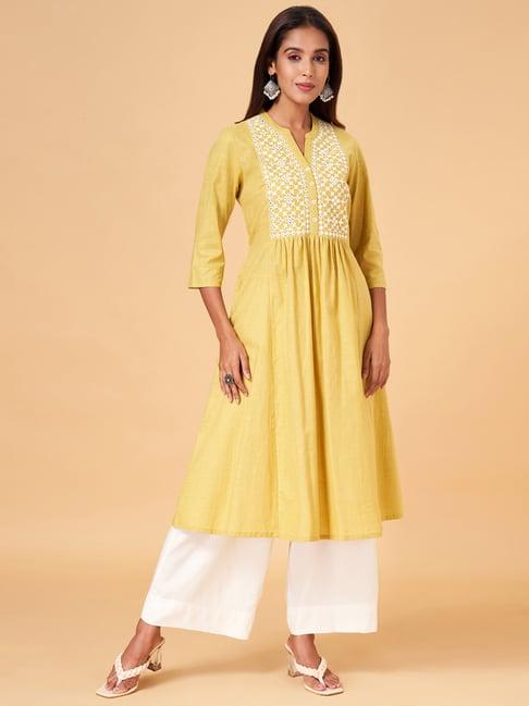 rangmanch by pantaloons yellow cotton embroidered a line kurta