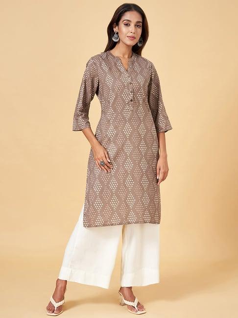 rangmanch by pantaloons brown cotton printed straight kurta