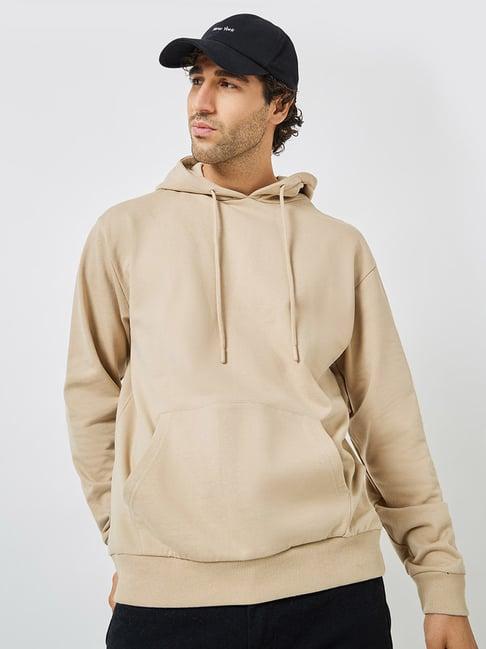 styli beige cotton relaxed fit hooded sweatshirt