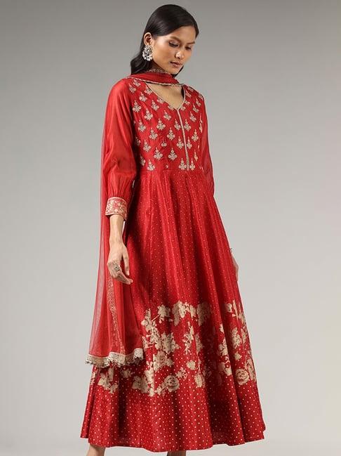 vark by westside maroon floral embroidered anarkali kurta with dupatta