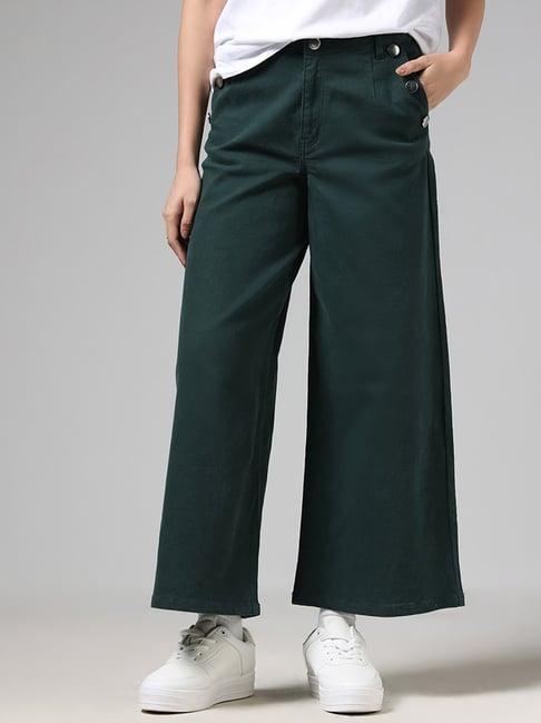 lov by westside solid forest green button accent wide-leg denim jeans