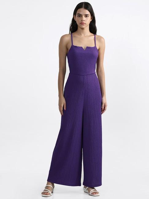 nuon by westside solid violet open-back jumpsuit