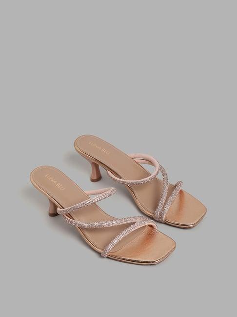 luna blu by westside rose gold three band embellished heel sandals