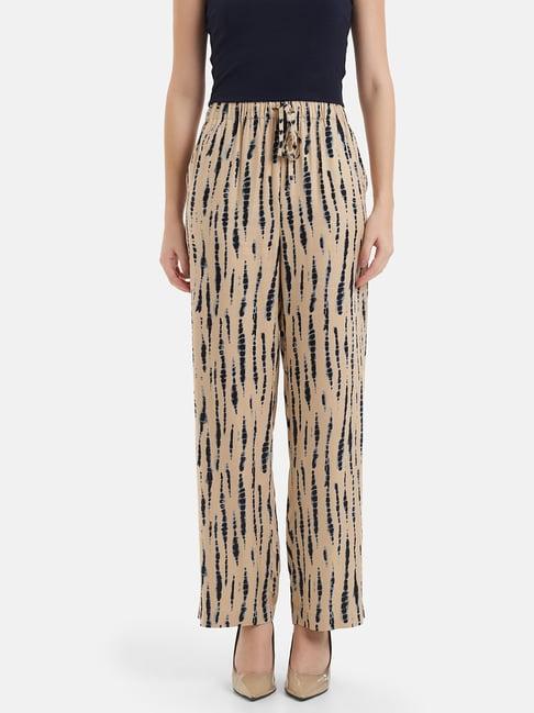 kazo beige printed relaxed fit high rise trousers