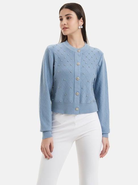 kazo light blue wool embellished cardigan