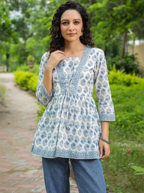 rain and rainbow white & blue cotton floral print top