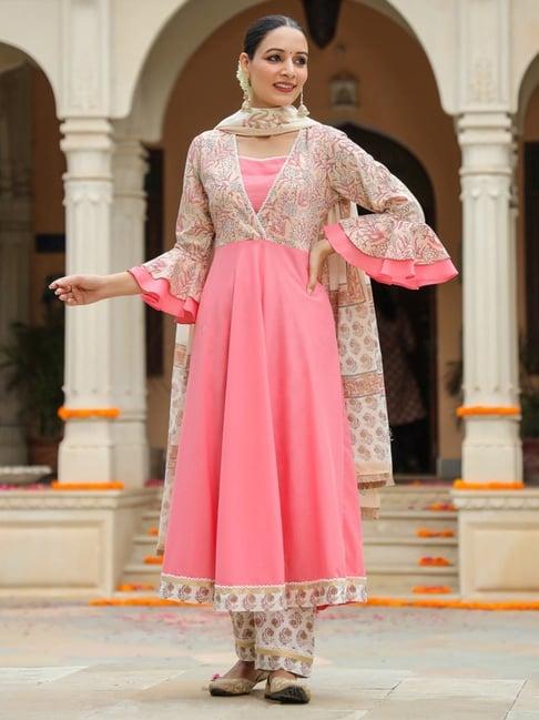 rain and rainbow pink & beige cotton floral print kurta palazzo set with dupatta