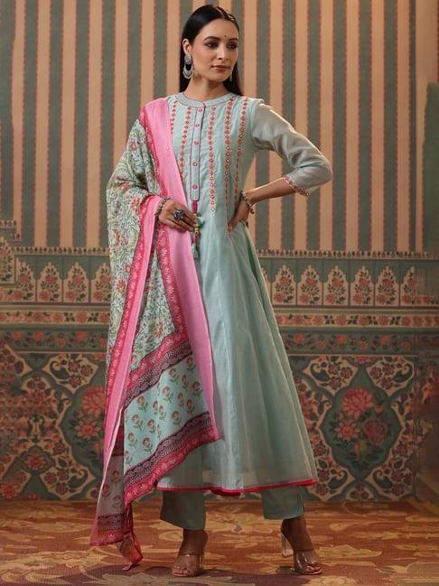 rain and rainbow blue embroidered kurta pant set with dupatta