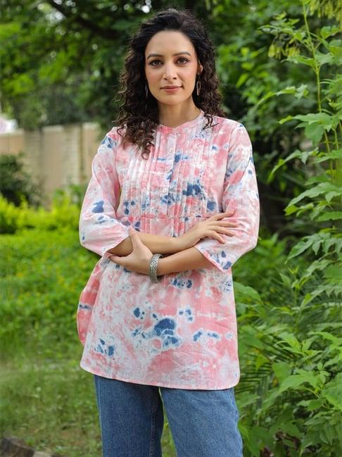 rain and rainbow pink & blue cotton printed straight short kurti