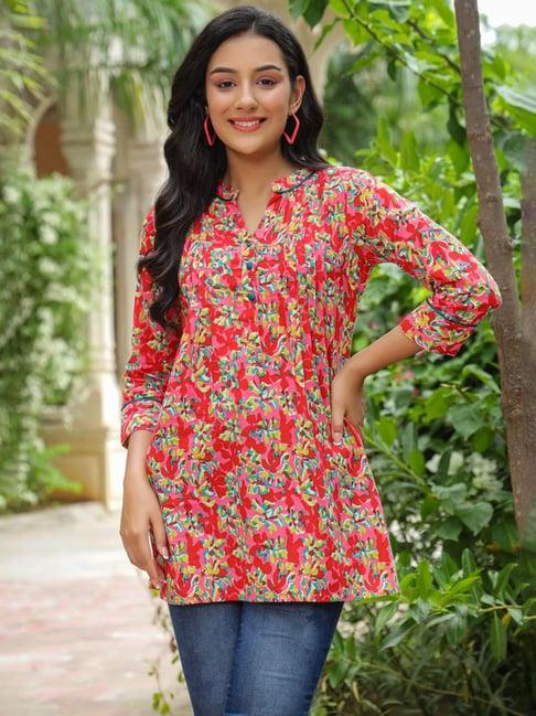 rain and rainbow red cotton floral print straight short kurti