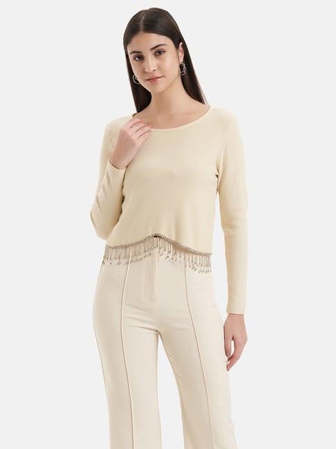 kazo beige embellished crop pullover