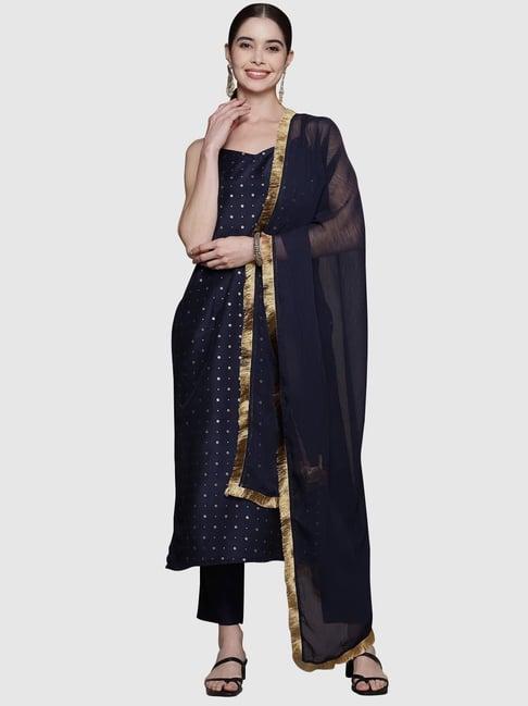 ziyaa navy printed kurta pants set with dupatta