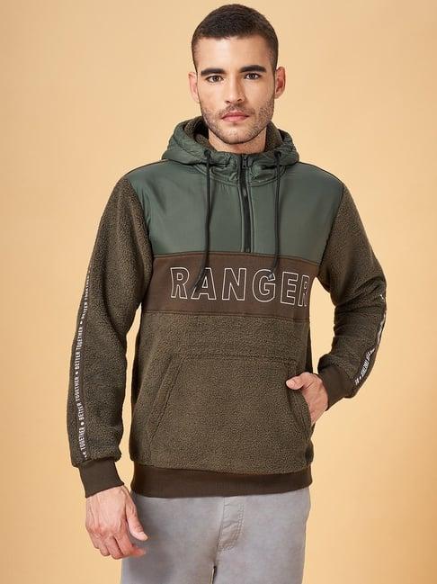 urban ranger by pantaloons olive regular fit colour block hooded jacket