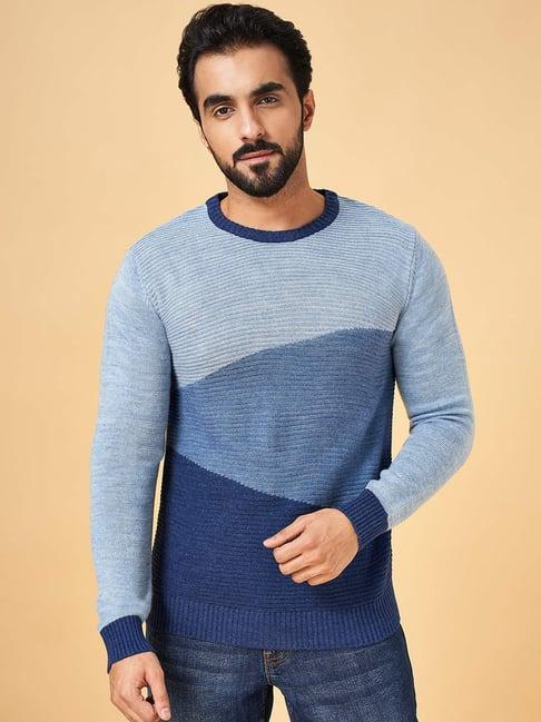 yu by pantaloons blue regular fit colour block sweater