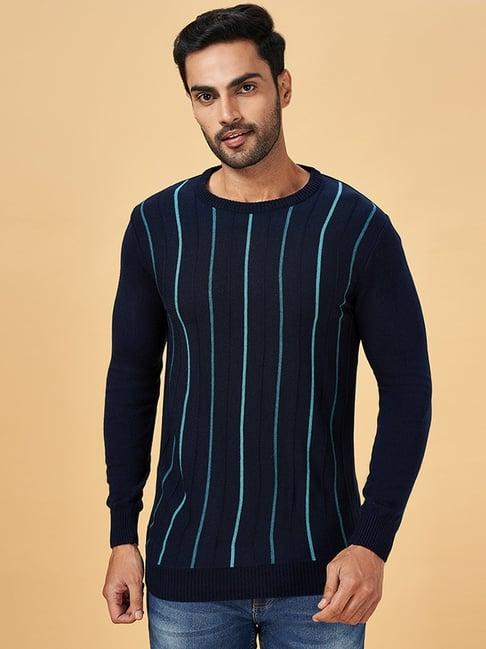 yu by pantaloons navy blue regular fit striped sweater