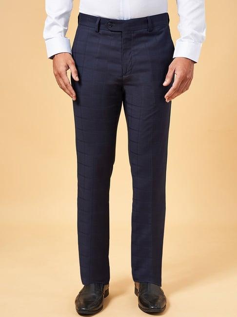 byford by pantaloons navy blue slim fit striped trousers