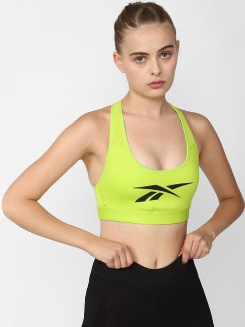 reebok lime yellow logo print sports bra