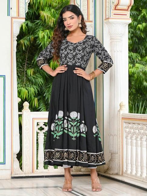 indi inside black rayon block print anarkali kurta