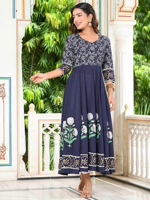 indi inside blue rayon block print anarkali kurta