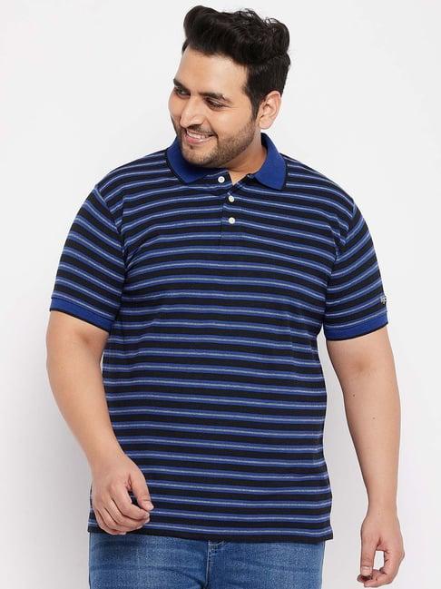 bigbanana blue cotton regular fit striped plus size polo t-shirts